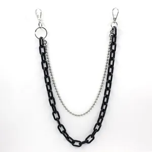 Detail view of double-layer hip-hop trousers chain with black acrylic and silver beads