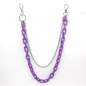 Close-up of double-layer street style pants chain with purple acrylic and silver bead chain