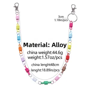 Detail showing colorful spring pant chain with alloy lobster clasps and size specs