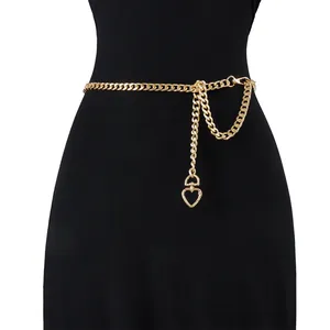 Women Fashion Metal Chain Waist Belt Gold Alloy Cuban Link With Heart Buckle Decorative Body Jewelry For Dresses