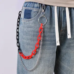 Three-layer hip-hop trousers chain with red, black acrylic and silver metal links