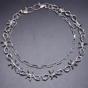 Punk style double-layered silver thorn waist chain with sturdy metal lobster clasps