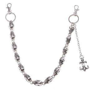 Punk skeleton link pants chain with vintage silver skull joints and fleur-de-lis pendant