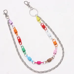 Double-layered silver metal pants chain with colorful spring charms and lobster clasps