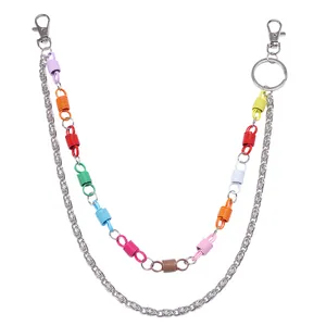 Detail of double-layer metal pants chain with colorful spring coils and lobster clasps