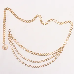Ceinture chaîne multicouche en métal doré avec pendentifs pièces effigie reine