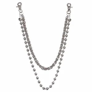 Silver double layer pants chain with bead and woven link styles for jeans and wallets