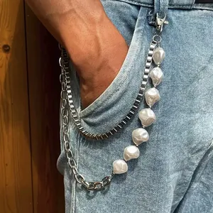 Hip Hop Double Layer Alloy Metal Chain Waist Belt With Faux Artificial Pearl For Jeans Pocket Unisex Streetwear Decorative Body Jewelry