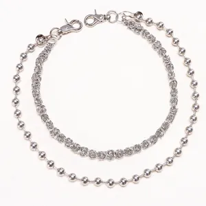 Double-layered silver metal wallet chain with beads and woven design for jeans