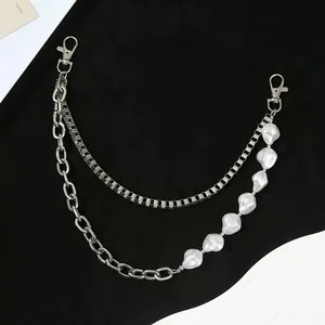Hip-hop layered silver metal trouser chain featuring faux pearls and lobster clasps