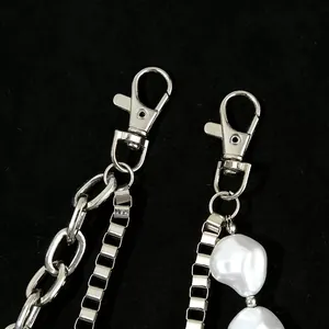 Hip-hop dual-layer metal pants chain with baroque pearls and lobster clasps for jeans