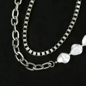 Hip-hop silver layered metal chain belt with baroque pearls for jeans and trousers