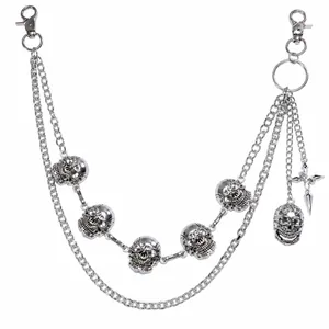 Close-up of layered silver alloy hip-hop wallet chain with skulls and cross dagger