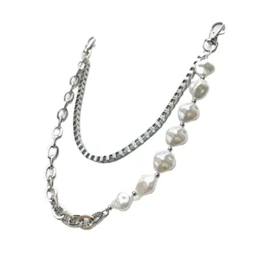 Three-layer silver metal hip-hop chain with baroque pearls and large oval links