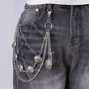 Punk Multi-Layer Skull Trouser Chain For Men Silver Alloy Hip Hop Waist Belt Chain With Cross Sword Pendant Gothic Jewelry