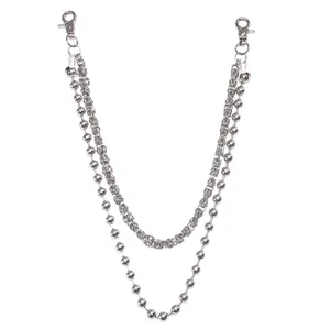 Double-layered silver metal pant chain with woven and ball link designs and lobster clasps