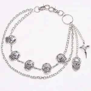 Punk multilayer silver metal waist chain with skull heads and a cross pendant