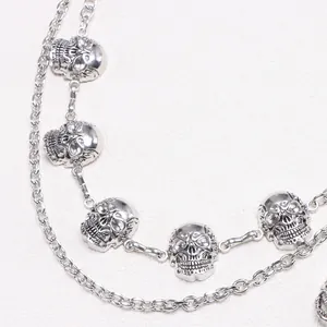 Double-layered silver skull metal waist chain for punk and hip-hop streetwear style
