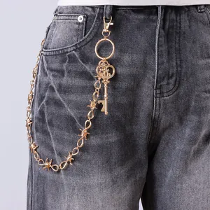 Punk Prikkeldraad Goud Metalen Taille Ketting Voor Mannen Vrouwen Hip Hop Zinklegering Broekketting Met Kroon Sleutel Hanger Sieraden