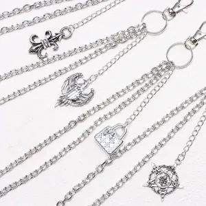 Punk silver pants chain with skull, eagle, and fleur-de-lis charms for hip hop styling