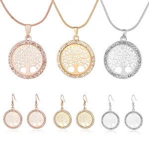 Fashion Alloy Zirconia Life Tree Pendant Necklace Earrings Jewelry Set For Women Vintage Hollow Round Rhinestone Snake Chain Jewelry Gift