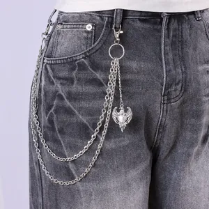 Silver multi-layer hip hop trousers chain with eagle pendant on grey denim jeans