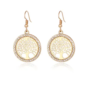Elegant gold tree of life drop earrings with sparkling white crystals and fish hooks