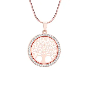 Rose gold tree of life pendant necklace with sparkling crystals on a smooth snake chain