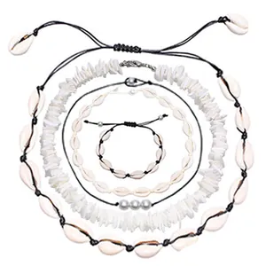 Ensemble de Bijoux de Collier et Bracelet en Coquillage Naturel et Perle Bohème Choker en Corde Tressée Ajustable pour Femme Cadeau Vacances à la Plage