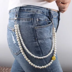 Mode Dubbellaagse Imitatieparel Broekketting Met Smiley Gezicht Decoratie Legering Gesp Tailleketting Voor Vrouwen Streetwear Accessoire