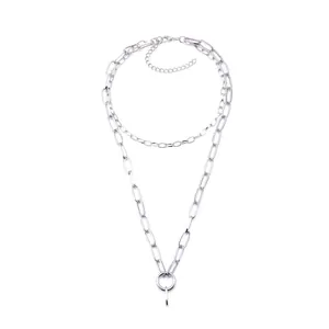 Collier double couche à maillons trombone avec pendentif rond en fini argenté