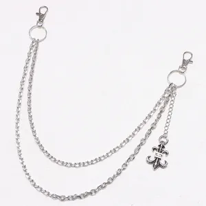Hip hop silver multi-layer wallet chain with lobster clasps and fleur-de-lis pendant