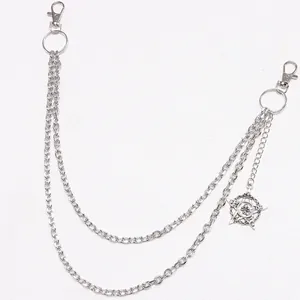 Double layered hip hop pants chain with silver skull star pendant and lobster clasps