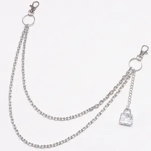 Punk silver multi-layer metal trousers chain with heart padlock charm detail