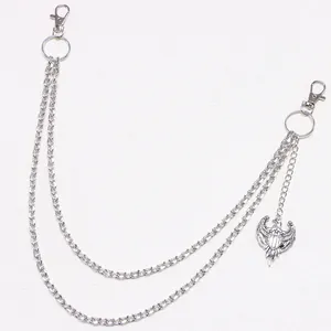 Silver multi-layer pants chain with double lobster clasps and an eagle shield pendant