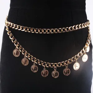 Chic multi-layer gold metal waist chain with vintage coin pendants for dresses
