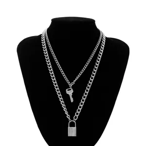Doppelschicht Legierung Schloss Und Schlüssel Anhänger Halskette Vintage Punk Panzerkette Schlüssel Charm Kette Für Damen Schmuck