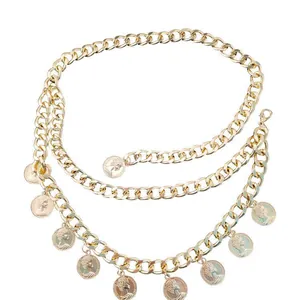 Gold multi-layer curb chain belt with coin pendants featuring vintage queen relief