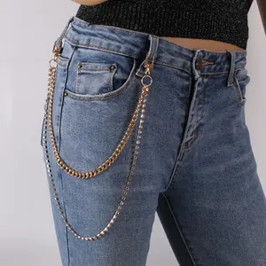 Vintage Punk Doppia Catena da Vita in Lega con Strass Catena da Pantaloni Geometrica a Maglia Cubana con Chiusura a Moschettone