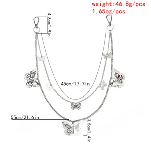 Detail view of silver tiered butterfly body chain with dimensions and lobster clasp