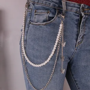 Harajuku Style Silver Alloy Multi Layer Butterfly Pant Chain With Imitation Artificial Pearl Waist Chain For Women Men Fashion Accessories