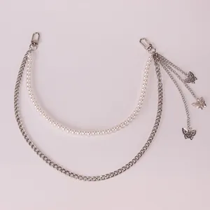 Harajuku double layer pants chain with pearls and butterfly pendants for street style