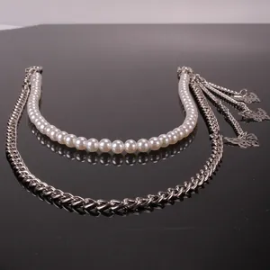 Double-layered hip hop waist chain with white pearls, silver links and butterfly pendants