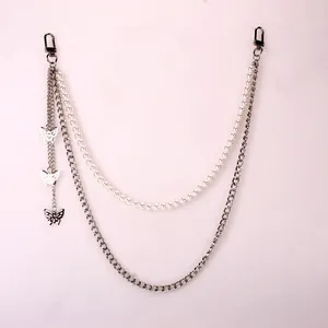 Double-layered pant chain with white pearls and silver butterfly charms for street style