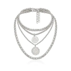 Multi-layer vintage silver necklace set with coin pendants and chunky cuban chains