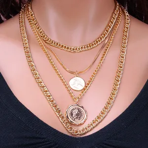 Vintage Multi-layered Alloy Coin Pendant Necklace For Women Gold Silver Curb Snake Chain Hip Hop Punk Street Jewelry