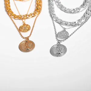 Retro multi-layer bohemian necklace set with vintage coin pendants in gold and silver