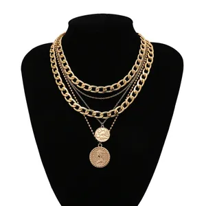 Multi-Layer Coin Pendant Metal Necklace Vintage Queen Portrait Alloy Chain Necklace For Women Jewelry