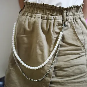 Catena da vita punk a doppio strato con perle bianche e maglie in metallo argento