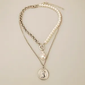 Double-layer baroque pearl necklace with OT buckle and vintage coin pendant
